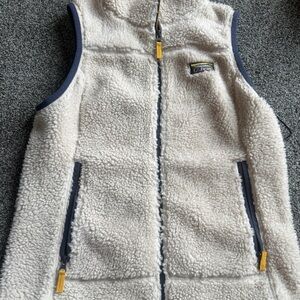 L.L.Bean Cream Sherpa Vest with Navy Liner and Red Accent